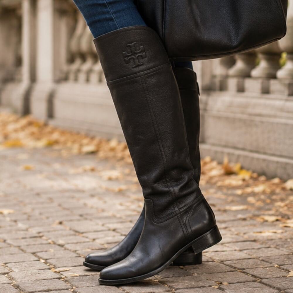 Tory Burch Black Leather Riding Boots Knee High Embossed Double T Logo Size 7.5
